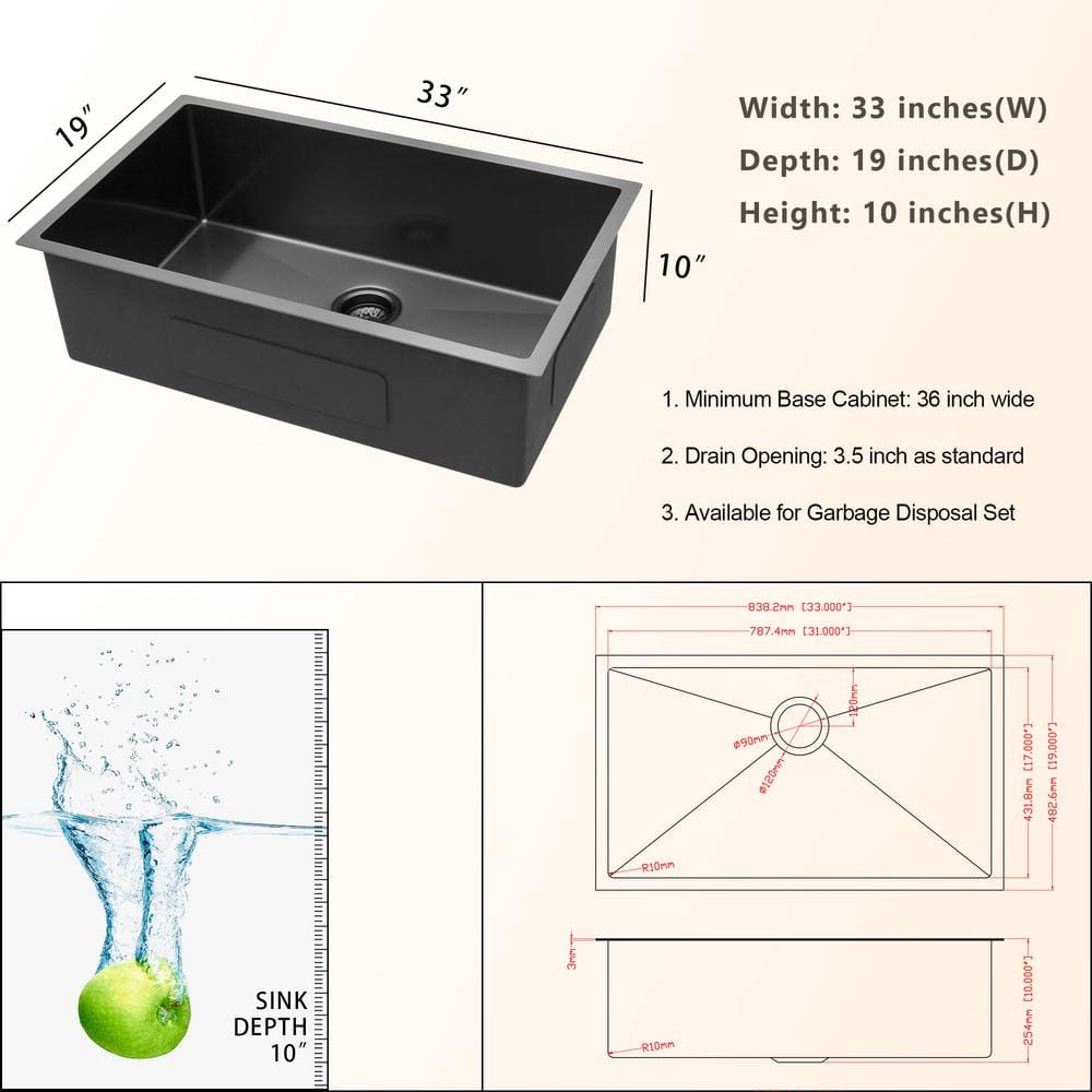 Ruvati 35-Inch Matte Black Stainless Steel Single Bowl Kitchen Sink