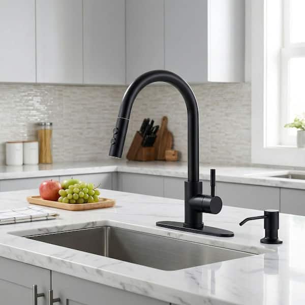 Single Handle Pull Down Sprayer Kitchen Faucet with Soap Dispenser, Advanced Spray in Matte Black