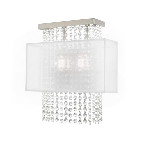 AVIANCE LIGHTING Grovehaven 13 in. 2-Light Brushed Nickel ADA Wall Sconce with Translucent Fabric shand and Clear Crystals