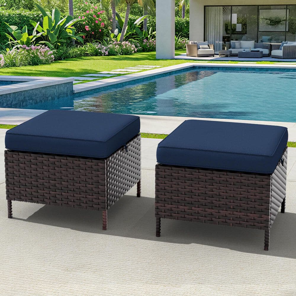 Dark Brown Wicker Outdoor Ottoman Patio Footstool with Blue Cushion (2-Pack)