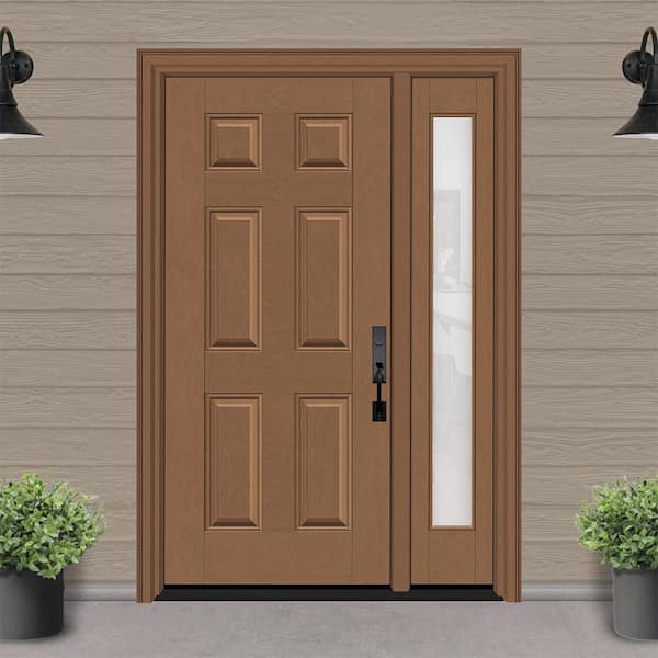 Regency 51 in. x 80 in. 6 Panel LHIS AutumnWheat Stain Mahogany Fiberglass Prehung Front Door w/Obscure12in. SL 6-9/16