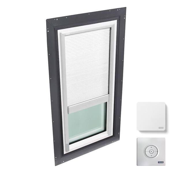 VELUX 22-1/2 in. x 46-1/2 in. Fixed Self Flashed Skylight w/ Tempered Low-E3 Glass & White Solar Powered Room Darkening Blind