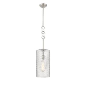 Wexford 1-Light Brushed Satin Nickel Shaded Pendant Light with Clear Basket Weave Glass Shade