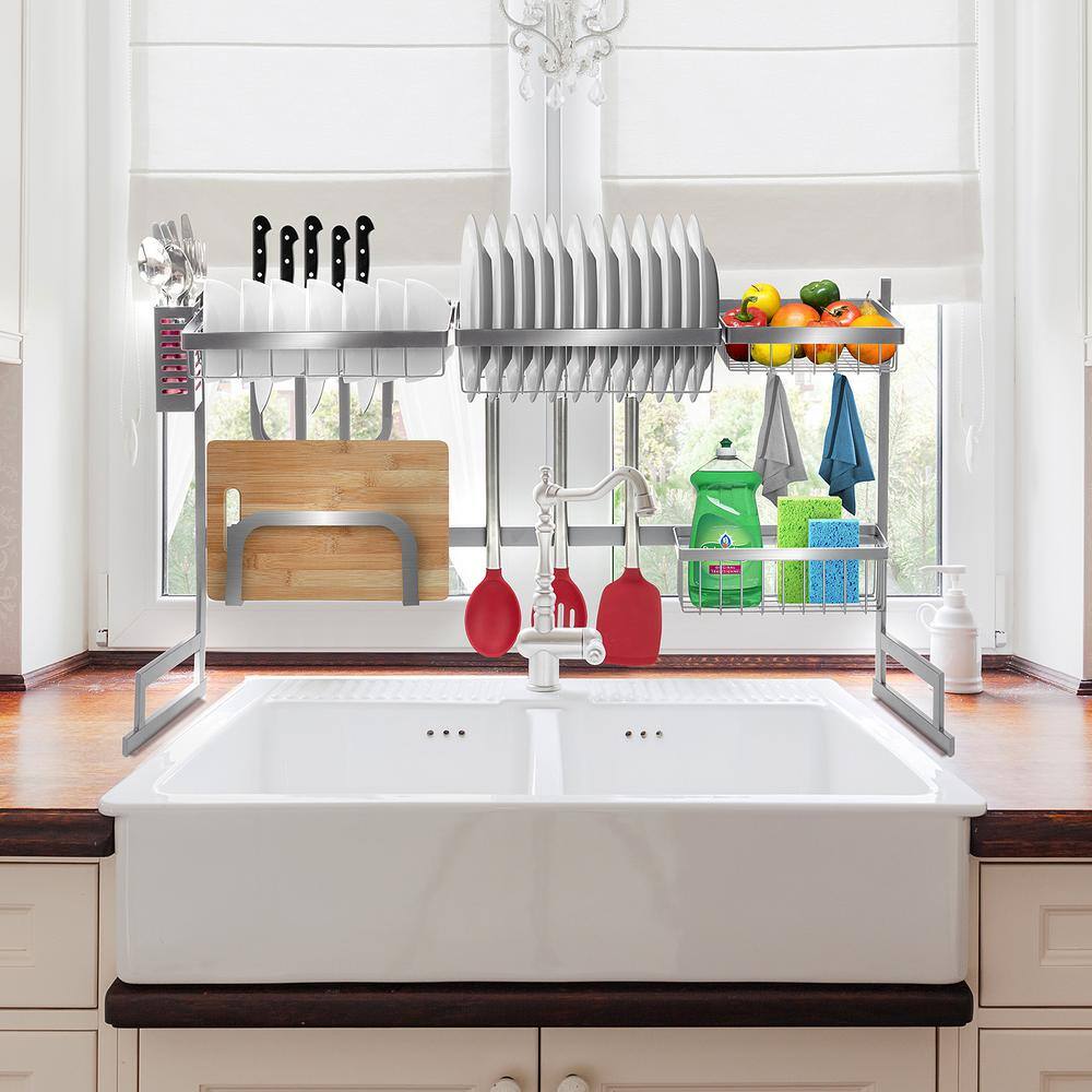 Silver Steel Over-The-Sink Dish Drying Rack with Utensil Cup