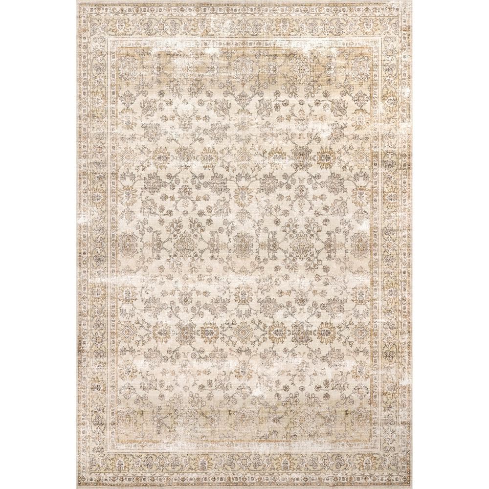 Deadra Beige Vintage Floral Machine Washable Area Rug