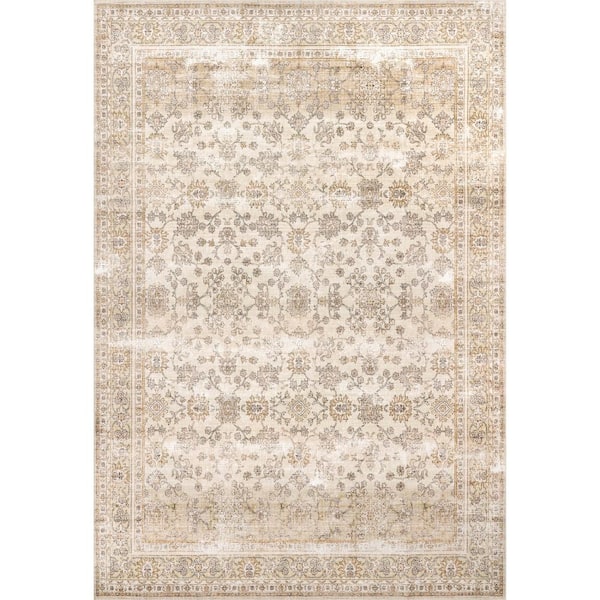 nuLOOM Deadra Vintage Floral Machine Washable Beige Doormat 3 ft. x 5 ft. Accent Rug Area Rug
