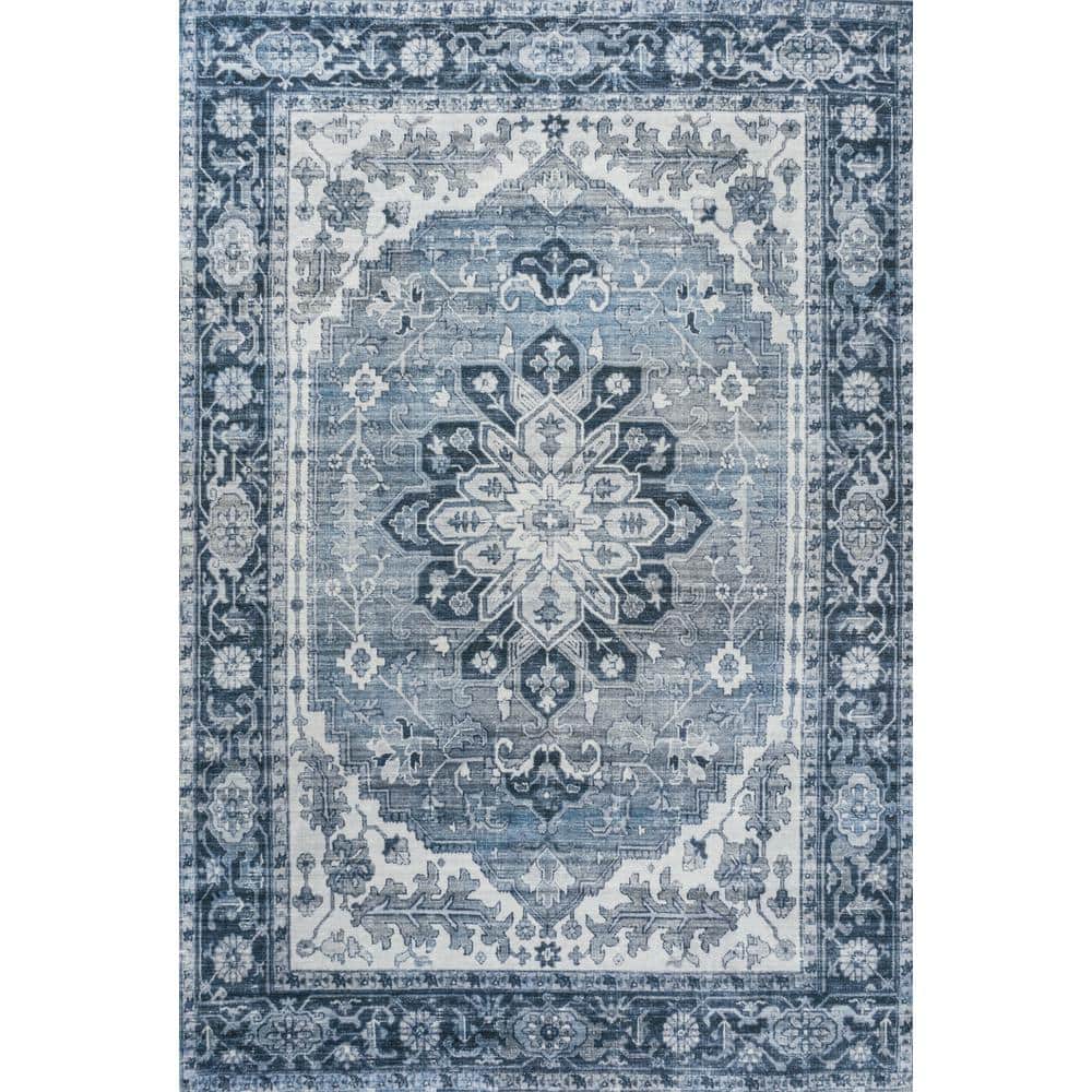 Blue and Cream Chenille Medallion Washable Area Rug 4' x 6'