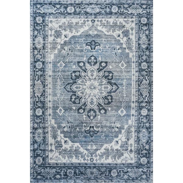 Asa Ornate Medallion Machine-Washable Blue/Cream 4 ft. x 6 ft. Area Rug