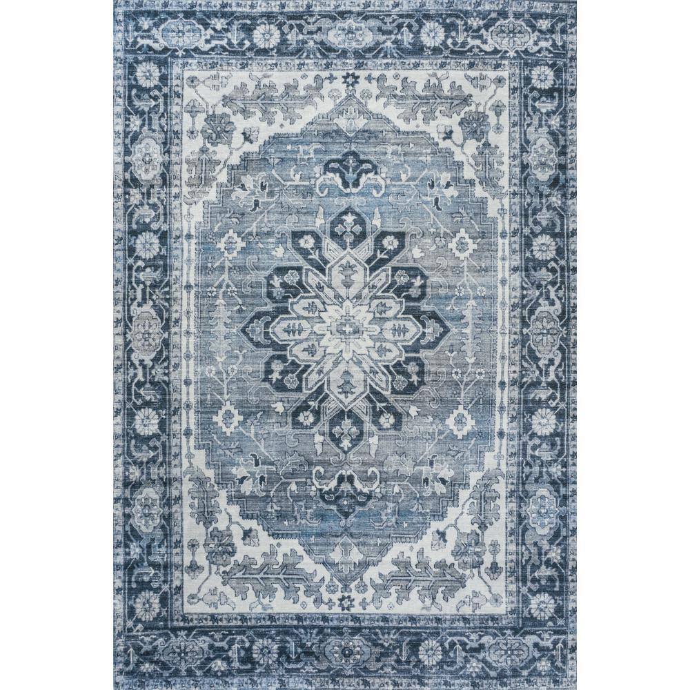 Blue and Cream Medallion Washable Synthetic Area Rug 8' x 10'