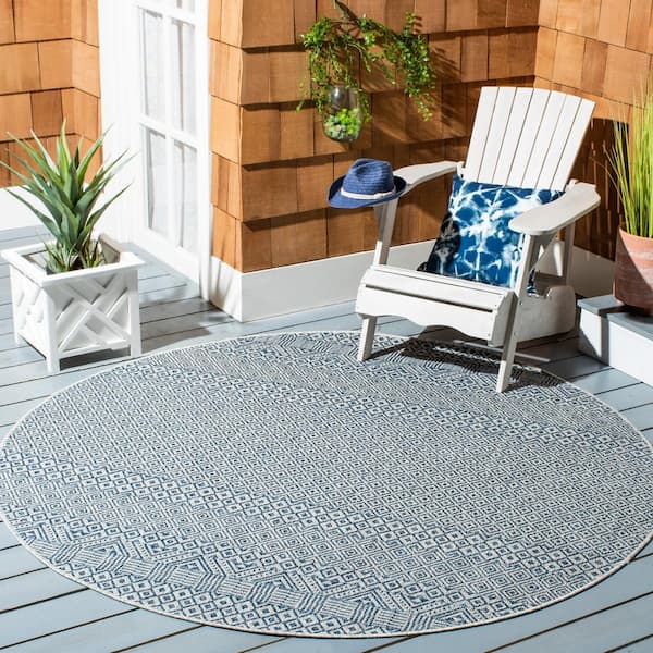 Courtyard Gray/Blue 10 ft. x 10 ft. Geometric Diamond Indoor/Outdoor Round Area Rug