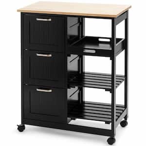 3-Tier Black Wooden Rolling Kitchen Trolley Cart Storage Cart with 3-Drawers