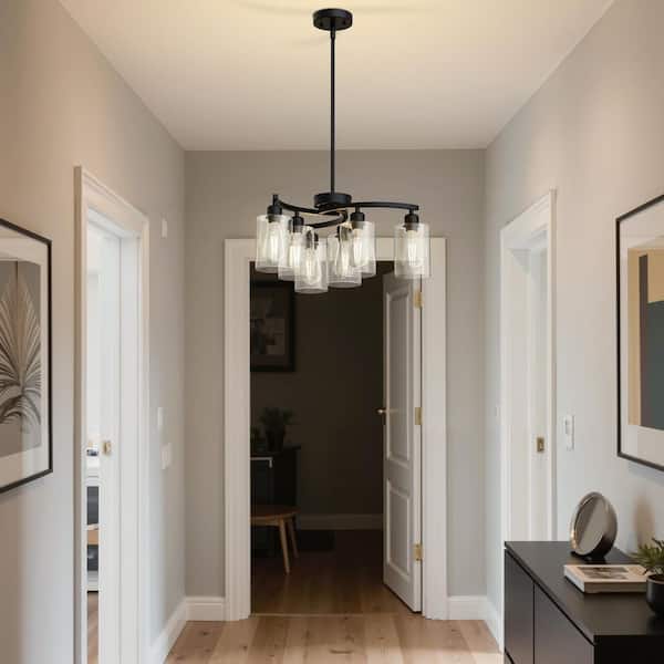 6-Light Matte Black Industrial Chandelier with Bent Arm, E26 Socket Glass Shades Fixture for Dining Room