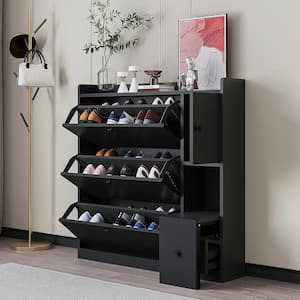 47.2 in. H x 47 in. W Black Wood Shoe Storage Cabinet with 3-Flip Drawers, Adjustable Shelf and Pull-Down Seat