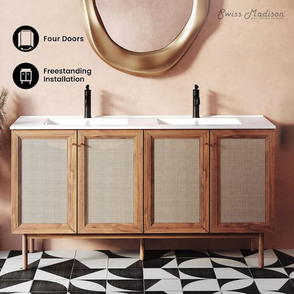 Classe 60 in. Freestanding Bath Vanity in Golden Oak with White Ceramic Double Basin Sink Top