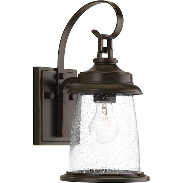 Conover Collection 1-Light Antique Bronze Clear Seeded Glass Farmhouse Outdoor Small Wall Lantern Light