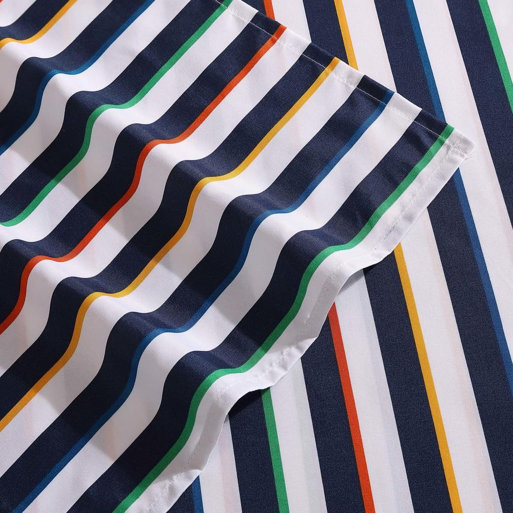 Blue Striped Polyester Microfiber Queen Sheet Set