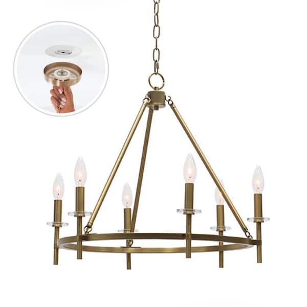 LumLight Sapello 24 in. Plug and Play 6-Light Lacquered Brass Chandelier with SkyPlug