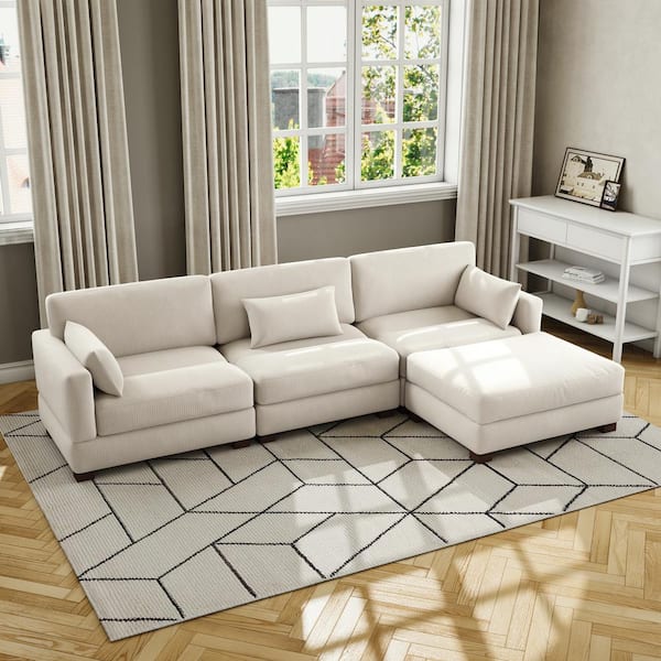 Uixe 123 in. Square Arm 4-piece Corduroy Upholstered L-Shaped Sectional Sofa in Sea Salt Gray