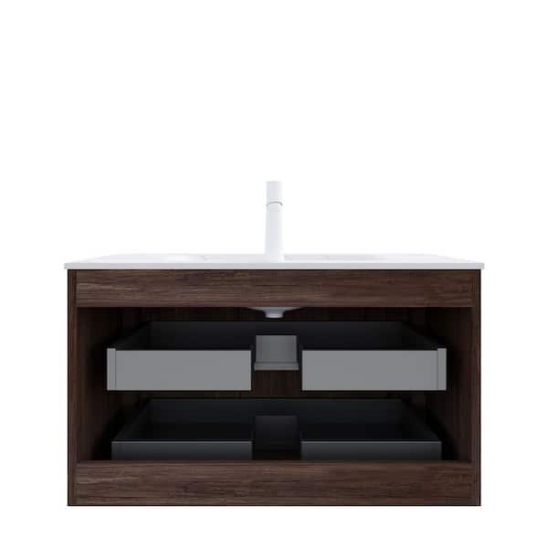 TCYO 36 in. W Wall-Mounted Bath Vanity in Walnut with Carrara