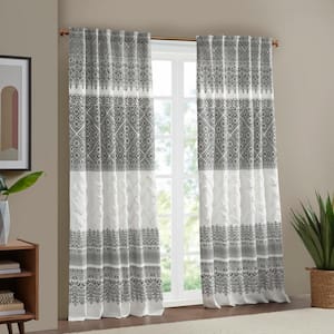 Mila Gray 50 in.W x 84 in.L Cotton Printed Window Panel with Chenille Detail and Lining