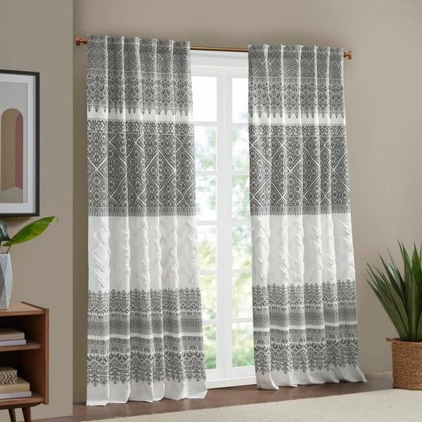 INK+IVY Mila Gray 50 in.W x 84 in.L Cotton Printed Window Panel with Chenille Detail and Lining