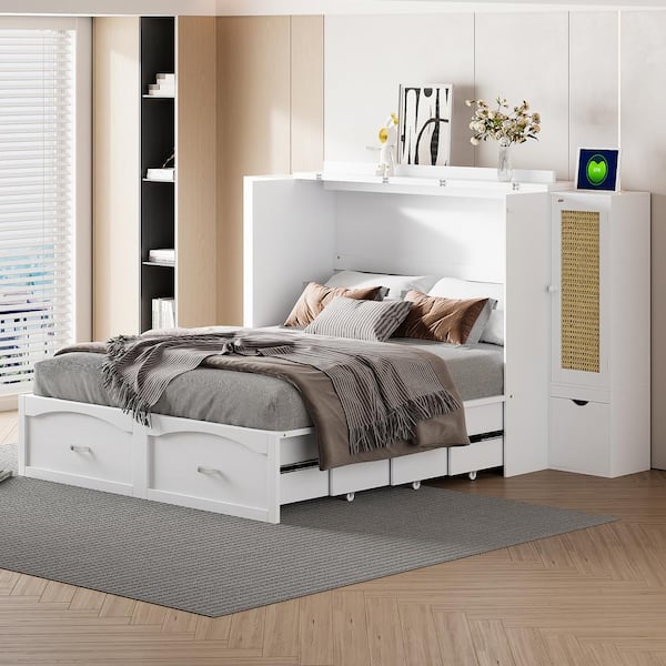 Nestfair White Wood Frame Queen Murphy Bed with Drawer 2 Storage Cabinets Sockets and USB Ports