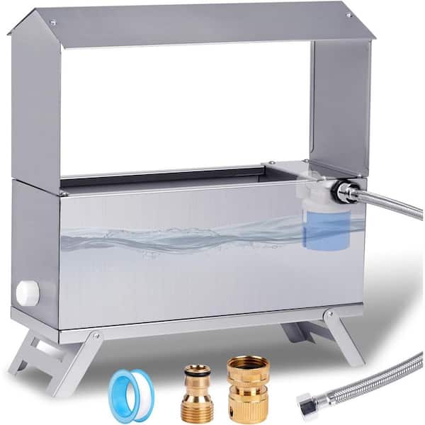 16.73 x 8.19 x 7.99 in. Stainless Steel Automatic Chicken Poultry Waterer with Float Valve and Adjustable Legs