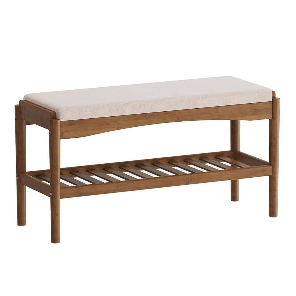 31.5" W Brown Bamboo Shoe Storage Bench with Cushion