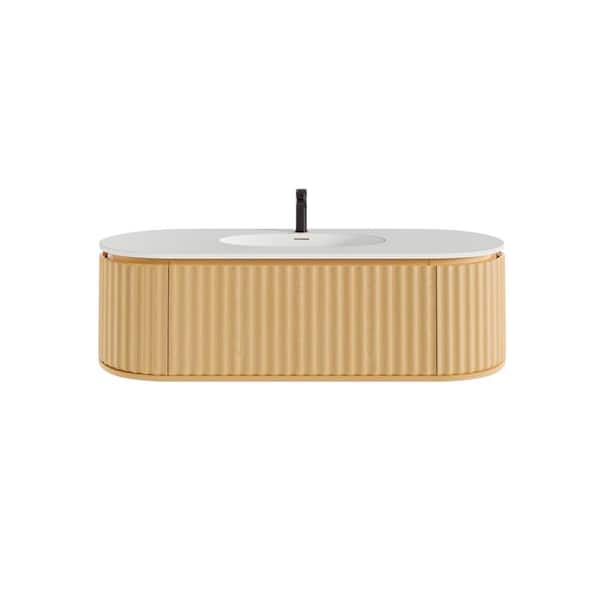 Haven 55 in. Single Sink Floating Natural Oak Bath Vanity with White Solid Surface Top (Assembled)