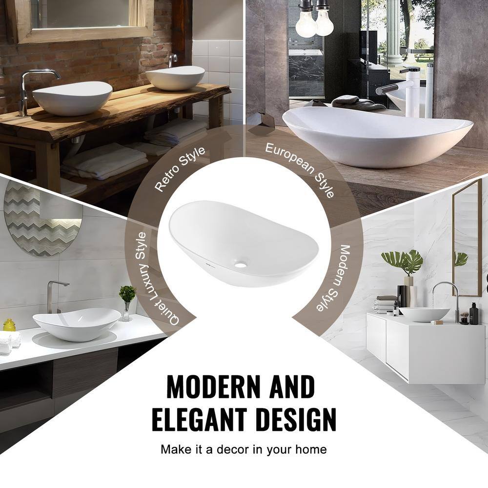 White Oval Ceramic Above-Counter Vessel Sink with Drain