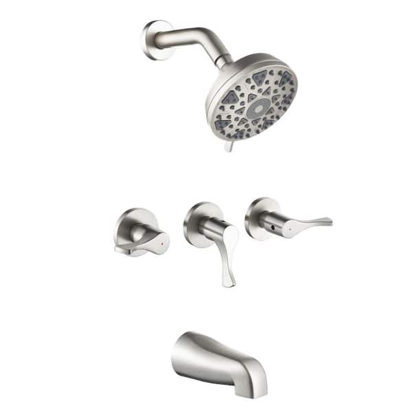 3 Handle 2-Spray Tub and Shower Faucet 2.5 GPM, 5 in. Shower Head with 6 Functions in Brushed Nickel Valve Included