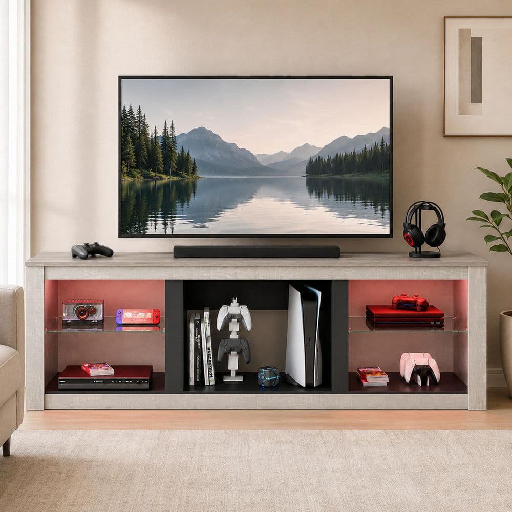 70 in. Wash White TV Stand Fits TV's up to 75 in. with Tempered Glass Shelves LED Lights and Large Open Storage