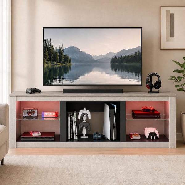 70 in. Wash White TV Stand Fits TV's up to 75 in. with Tempered Glass Shelves LED Lights and Large Open Storage