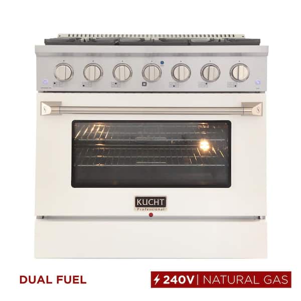 36 in. 5.2 cu. ft. Dual Fuel Range with Gas Stove and Electric Oven with Convection Oven in White
