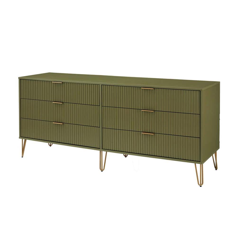 Olive Green Vertical Ribbed 6-Drawer Double Dresser with Soft Close