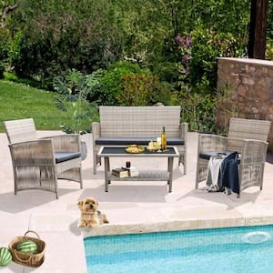 Beige 4 Piece Wicker Patio Conversation Set Outdoor Chair Set with Loveseat and Coffee Table, Grey Cushion