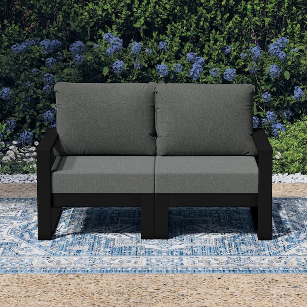 Endless Black Frame HDPE Plastic Outdoor Patio Modern Modular Loveseat with Gray Cushions