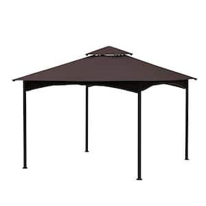 11 ft. x 11 ft. Brown Outdoor Patio Square Steel Gazebo Canopy with Double Roof Portable Gazebos