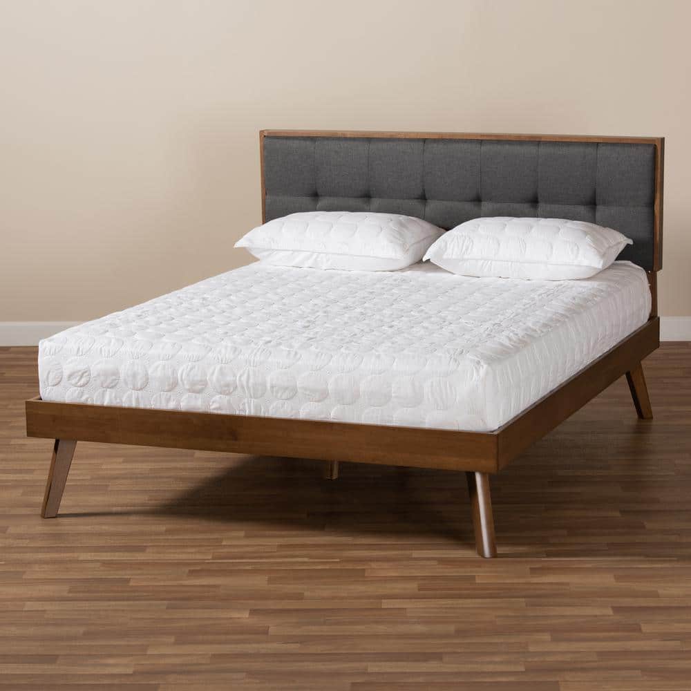 Full Dark Grey Upholstered Walnut Wood Platform Bed