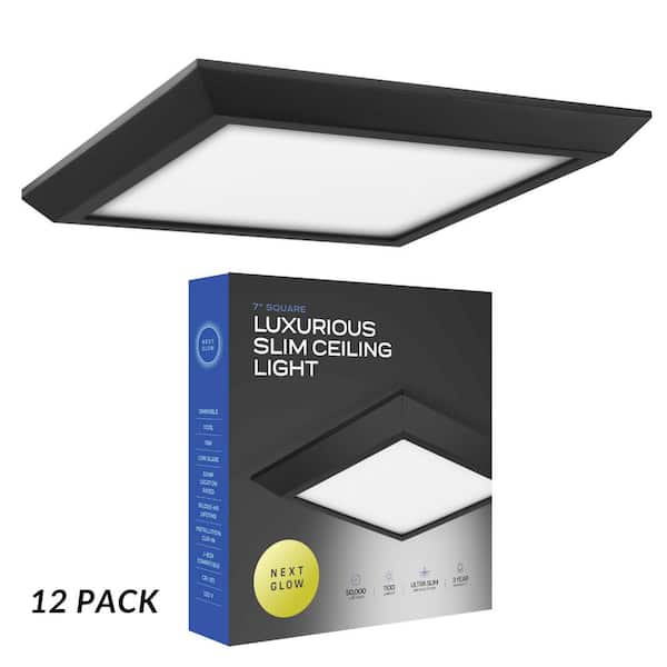 NEXT GLOW Ultra Slim Luxurious Edge-Lit Easy Installation 7 in. Square Black Ceiling Light 4000K LED Flush Mount (12-Pack)