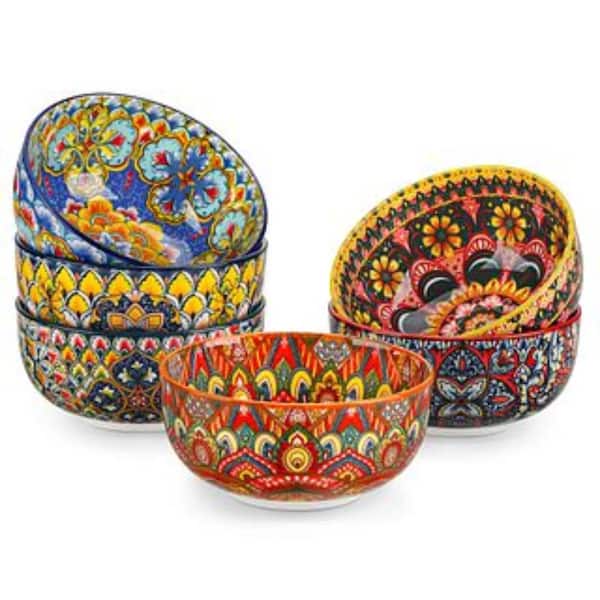 25 oz. Multi-colored Porcelain Cereal Bowls Set of 6 Bohemian Style Soup Bowls Serving Bowls with Double-Sided Pattern