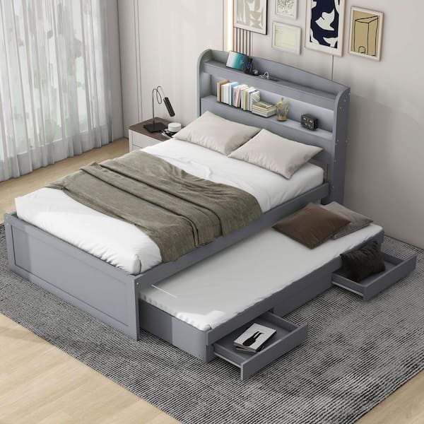 Harper Bright Designs Gray Wood Frame Twin XL Platform Bed with Twin Size Trundle 2 Drawers USB Charging LED Headboard with Shelves QHS407AAE TXL