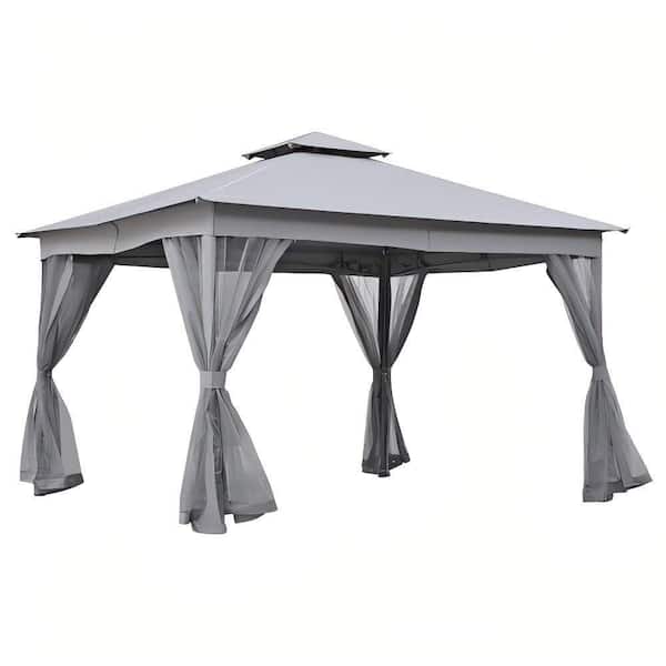 10 ft. x 12 ft. Gray Steel Outdoor Gazebo Tent with Double Roofs
