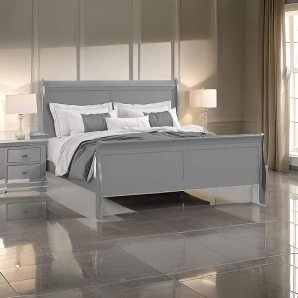Ryla Classic Light Gray Queen Wood Frame Sleigh Bed with Panel Headboard