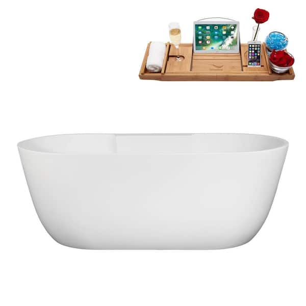 Streamline 63 in. x 29 in. Acrylic Freestanding Soaking Bathtub in Glossy White With Matte Oil Rubbed Bronze Drain, Bamboo Tray