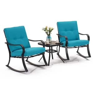 3-Piece Metal Outdoor Rocking Chair with Coffee Table and Lake Blue Cushions