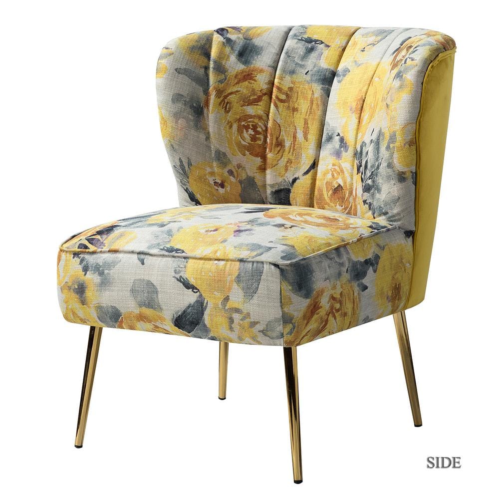 Yellow Floral Tufted Slipper Chair with Gold Metal Legs