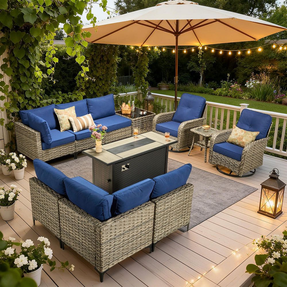Solvoc 11-Piece Wicker Outdoor Patio Conversation Set with 54 in. Fire Pit Table, Navy Blue Cushions and Swivel Chairs price history on PriceWatchPro
