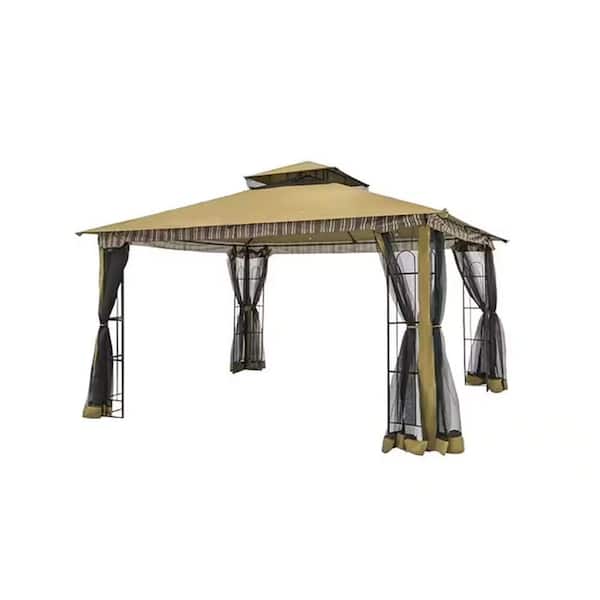 13 ft. x 11 ft. Beige Canopy Gazebo with Netting, Double Roof Canopy Shelter, Corner Frame Shelves for Backyard