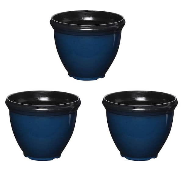 Southern Patio Heritage 12 in. L x 12 in. W x 9.61 in. H Monaco Blue Outdoor Resin Round Glossy Planter (3-Pack)